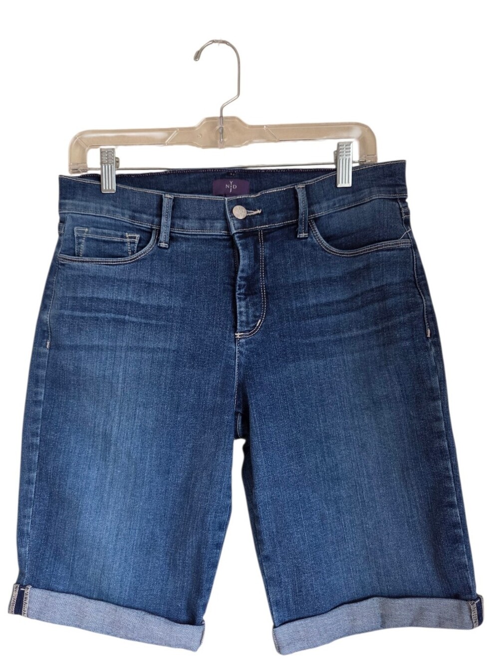 nydj womens cuffed denim bermuda shorts size 6 dark wash stretch lift tuck m66z1